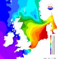 Predicted distribution of surge (metres) at 2200 GMT 4/2/1999 from the CS3 model