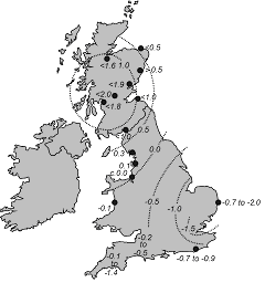 Estimated crustal movement rates (mm yr<sup>−1</sup>): positive values indicate uplift (land rising relative to MSL)